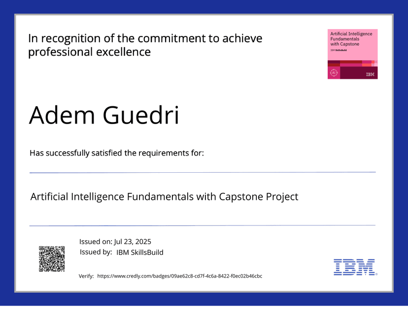 Artificial Intelligence Fundamentals with Capstone Project certificate